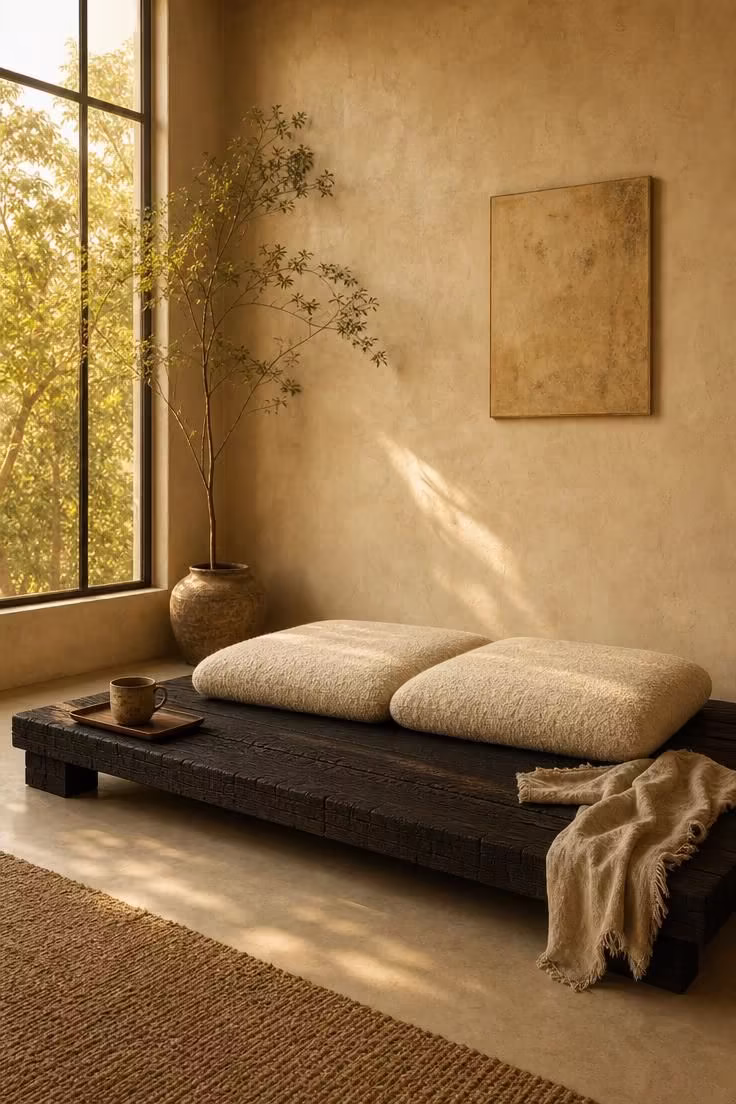 13 Gentle Japandi Reading Nook Ideas for Restful Rooms 1 A charred cedar platform with cream bouclé floor cushions in a sunlit japandi reading nook with warm golden afternoon light.