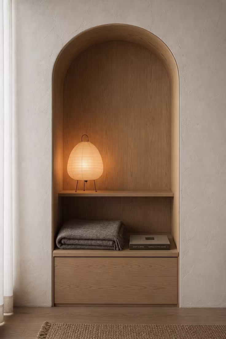 13 Gentle Japandi Reading Nook Ideas for Restful Rooms 2 An ash wood alcove with rounded corners and a glowing ceramic akari lamp in a soft, diffused japandi reading nook.