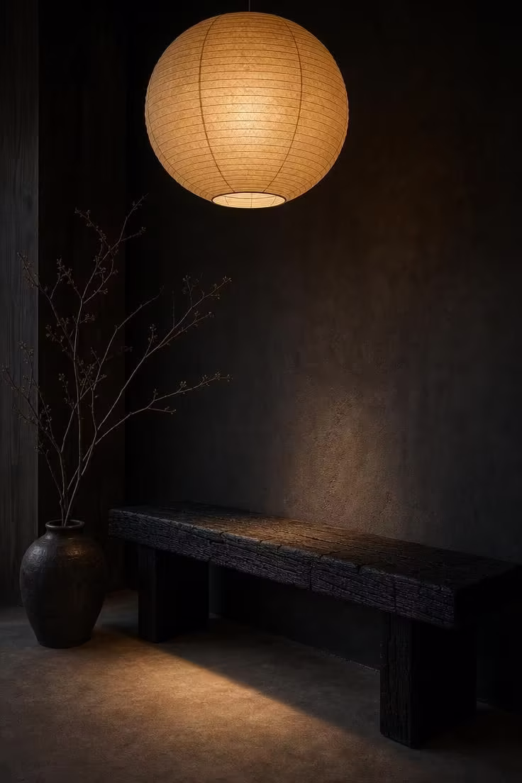 13 Gentle Japandi Reading Nook Ideas for Restful Rooms 3 A shou sugi ban bench under a glowing rice paper pendant in a moody, low-lit japandi reading nook with a dried branch in a stoneware vase.