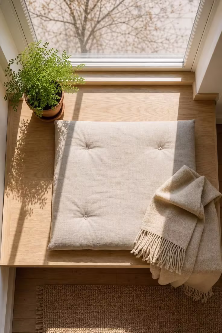 13 Gentle Japandi Reading Nook Ideas for Restful Rooms 4 An overhead view of a white oak window ledge with a linen zabuton cushion, wool throw, and potted fern in bright midday light.