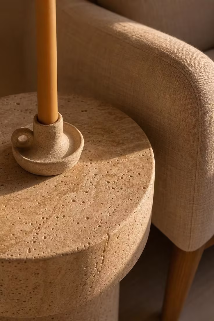 13 Gentle Japandi Reading Nook Ideas for Restful Rooms 6 A close-up of a travertine side table with a ceramic candle holder beside a rounded oatmeal linen chair in warm golden light.