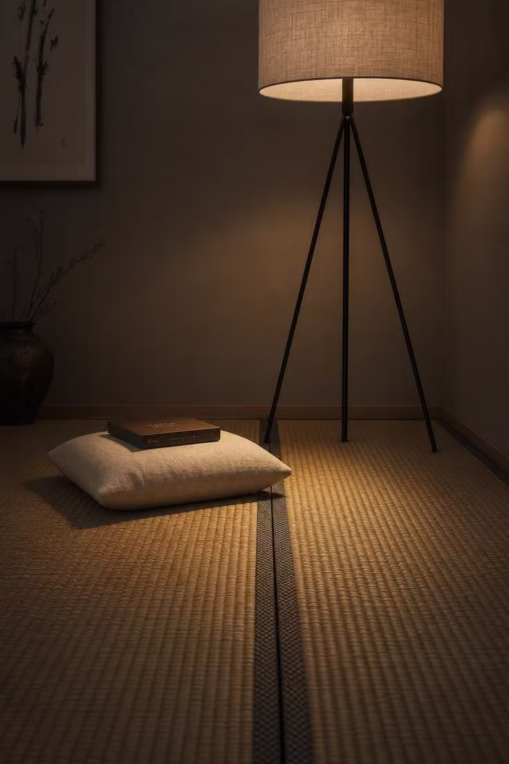 13 Gentle Japandi Reading Nook Ideas for Restful Rooms 8 A floor-level view of two tatami mats with a raw cotton cushion and a black iron tripod floor lamp in a moody, meditative japandi reading nook.