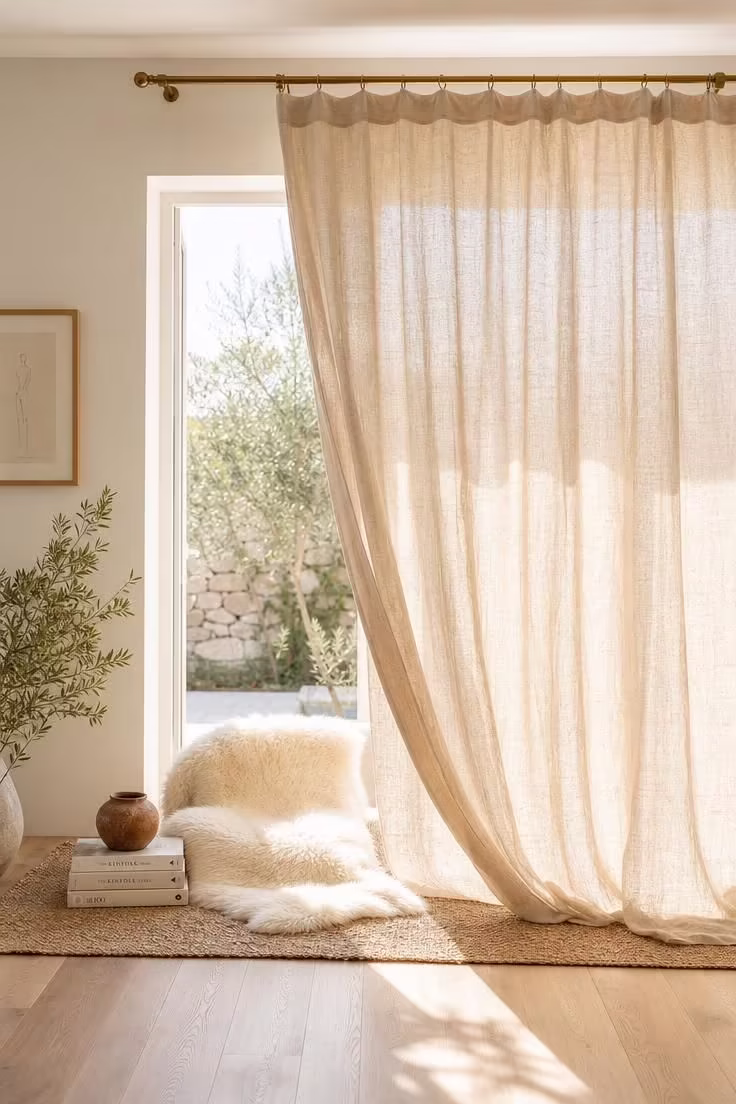 13 Gentle Japandi Reading Nook Ideas for Restful Rooms 9 A raw linen curtain partition pulled half-open revealing a sheepskin over jute rug in a bright, sunlit japandi reading nook.