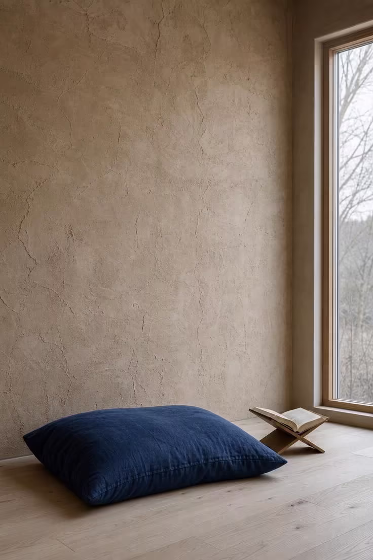 13 Gentle Japandi Reading Nook Ideas for Restful Rooms 10 A wabi-sabi clay accent wall in sand tone with a deep indigo cotton floor cushion and wooden book stand in cool overcast light.