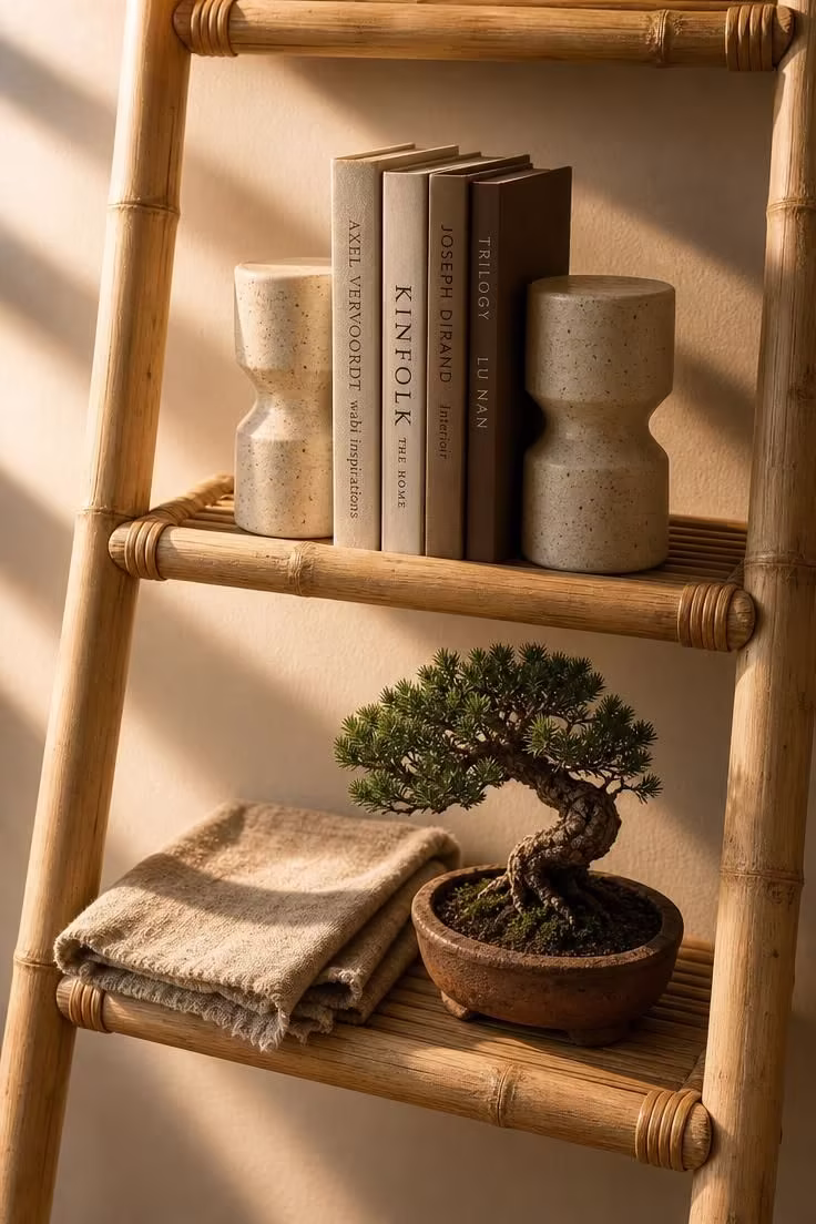 13 Gentle Japandi Reading Nook Ideas for Restful Rooms 11 A close-up of a pale bamboo ladder shelf with ceramic bookends, books, and a small bonsai in warm golden afternoon light.