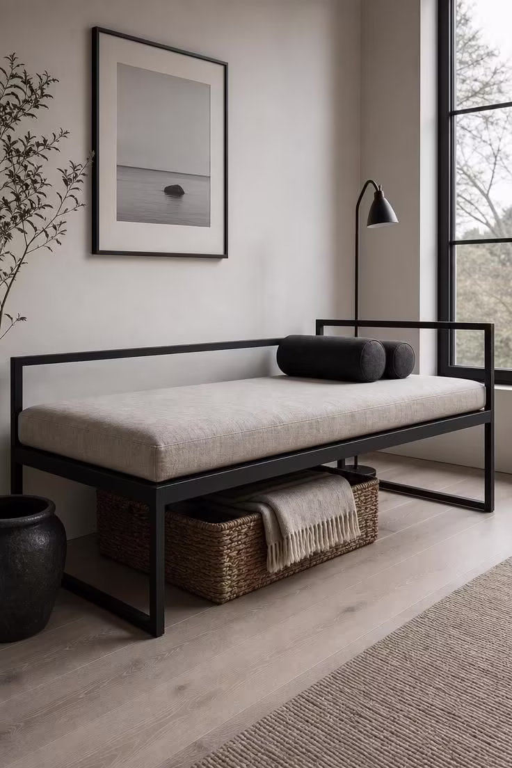 13 Gentle Japandi Reading Nook Ideas for Restful Rooms 13 A matte black metal frame daybed with sand-toned linen mattress and charcoal cylinder pillows in a cool, overcast japandi reading nook.