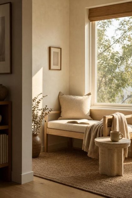 13 Gentle Japandi Reading Nook Ideas for Restful Rooms A warm japandi reading nook with an ash wood bench, cream linen cushion, travertine side table, and golden afternoon light streaming through a large window.