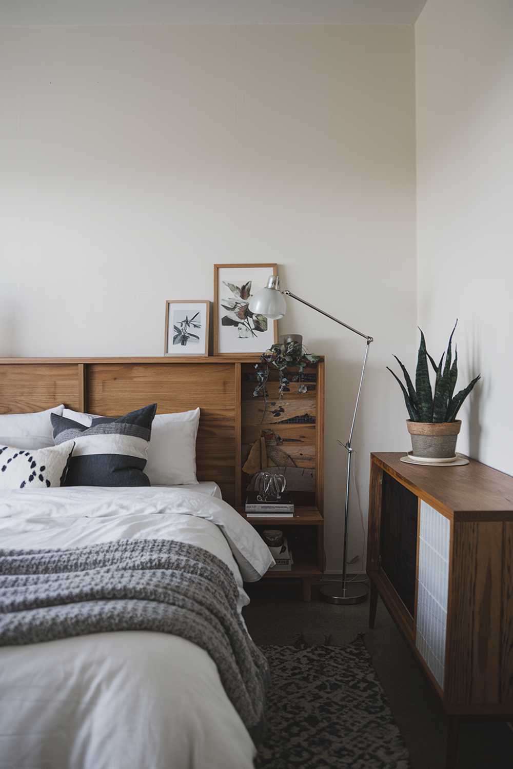 A cozy Japandi small apartment bedroom with a queen-size bed and a wooden headboard. There is a floor lamp next to the bed and a wooden console table with a plant on top. The walls are painted white.