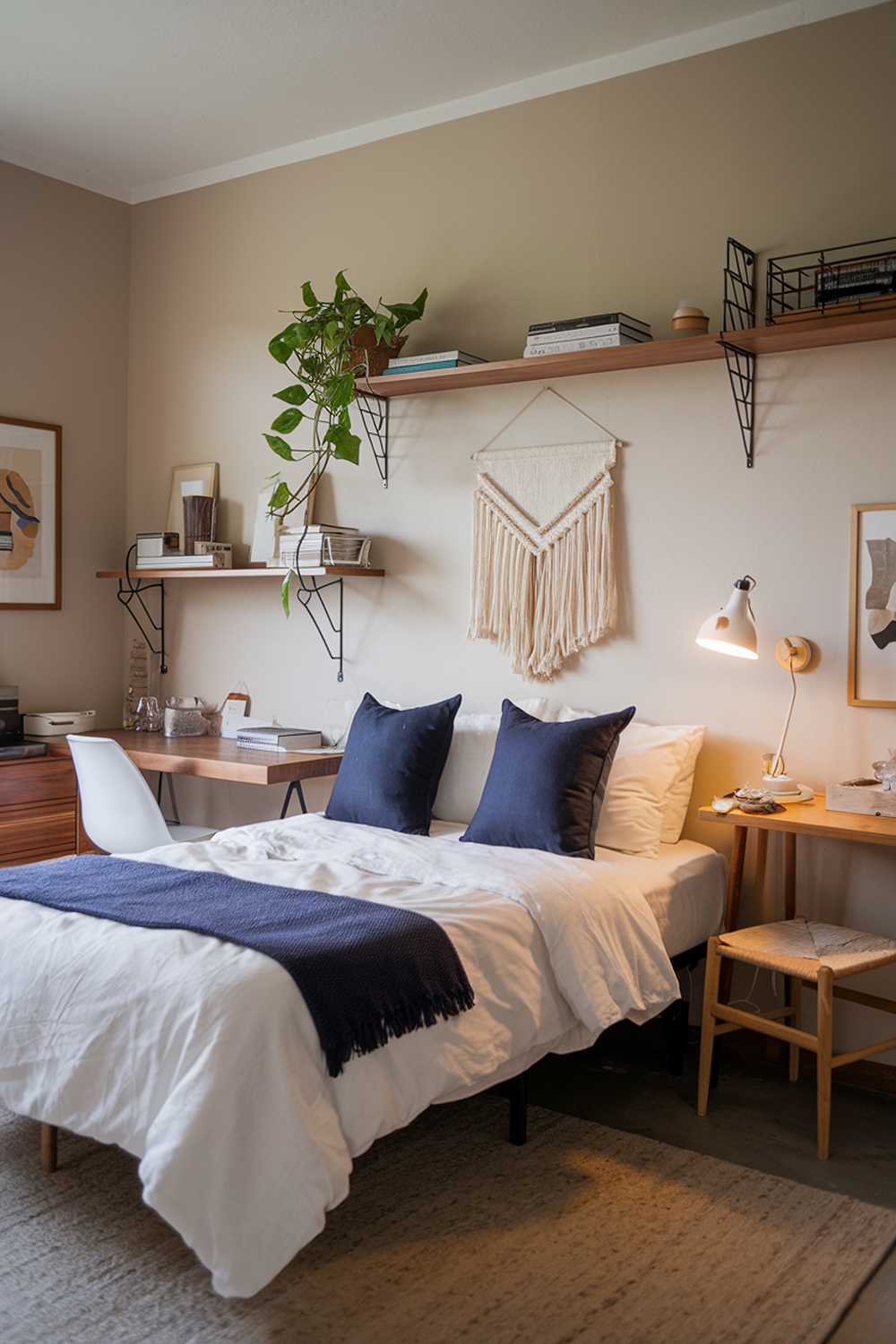 A cozy Japandi-style small apartment bedroom. There's a queen-size bed with a white duvet and navy blue throw pillows. The walls are painted a soft beige. There's a wooden shelf above the bed with a few books and a green plant. The room has a few pieces of furniture, including a white chair, a small desk with a lamp, and a wooden dresser. The floor is covered with a beige rug. The room has a few decorative items, such as a wall hanging and a few books on the shelf. The lighting is warm and inviting.