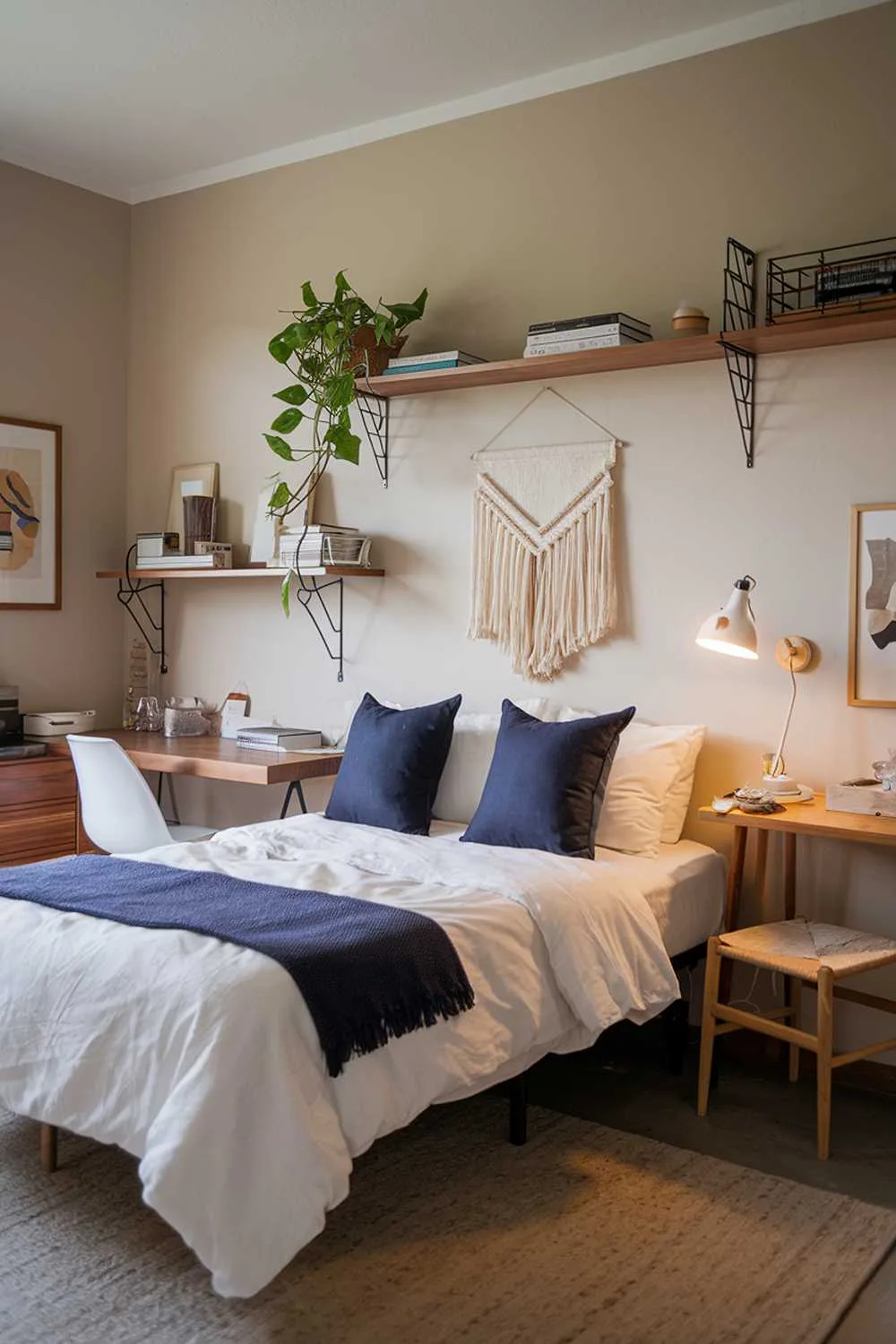 33 Japandi Small Apartment Bedroom Design Ideas 2 A cozy Japandi-style small apartment bedroom. There's a queen-size bed with a white duvet and navy blue throw pillows. The walls are painted a soft beige. There's a wooden shelf above the bed with a few books and a green plant. The room has a few pieces of furniture, including a white chair, a small desk with a lamp, and a wooden dresser. The floor is covered with a beige rug. The room has a few decorative items, such as a wall hanging and a few books on the shelf. The lighting is warm and inviting.