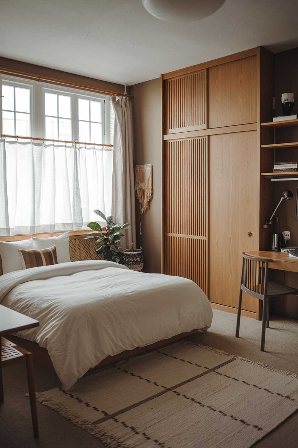 A cozy Japandi-style small apartment bedroom. The room has a minimalist design with a mix of Japanese and Scandinavian elements. There's a queen-size bed with a white duvet and a few pillows. The walls are painted in a muted hue. There's a wooden wardrobe with sliding doors. The floor is covered with a beige rug. The room has a few pieces of furniture, including a nightstand, a desk, and a chair. The room has large windows with white curtains. There's a potted plant near the window. The room is well-lit.