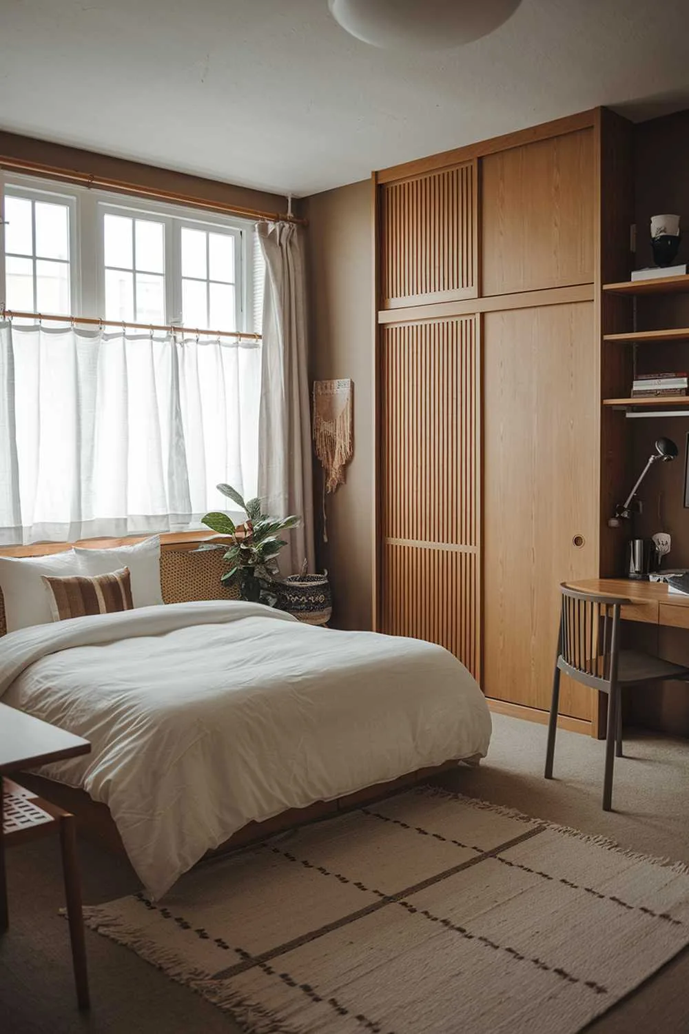 33 Japandi Small Apartment Bedroom Design Ideas 3 A cozy Japandi-style small apartment bedroom. The room has a minimalist design with a mix of Japanese and Scandinavian elements. There's a queen-size bed with a white duvet and a few pillows. The walls are painted in a muted hue. There's a wooden wardrobe with sliding doors. The floor is covered with a beige rug. The room has a few pieces of furniture, including a nightstand, a desk, and a chair. The room has large windows with white curtains. There's a potted plant near the window. The room is well-lit.