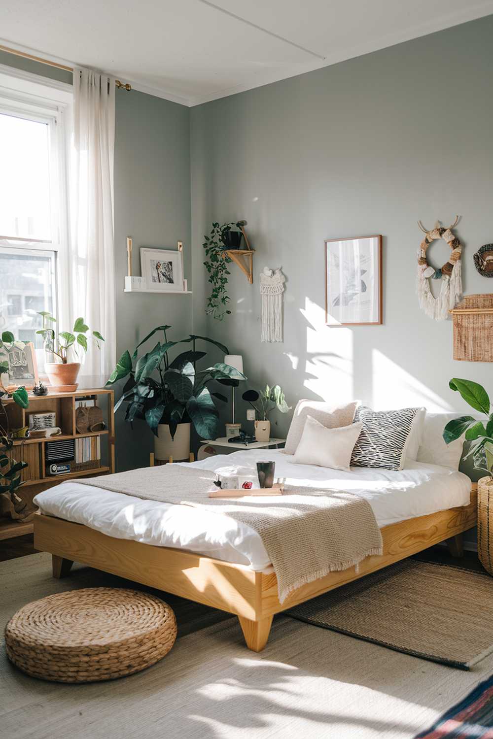  A cozy Japandi-style small apartment bedroom with a wooden platform bed, a woven rug, and a few pieces of furniture. The walls are painted in a soft gray color. There are plants in the room, and the floor is covered in a beige rug. The room has a few personal items, such as a lamp and a photo frame. The overall space is well-lit, with sunlight streaming in through a window.