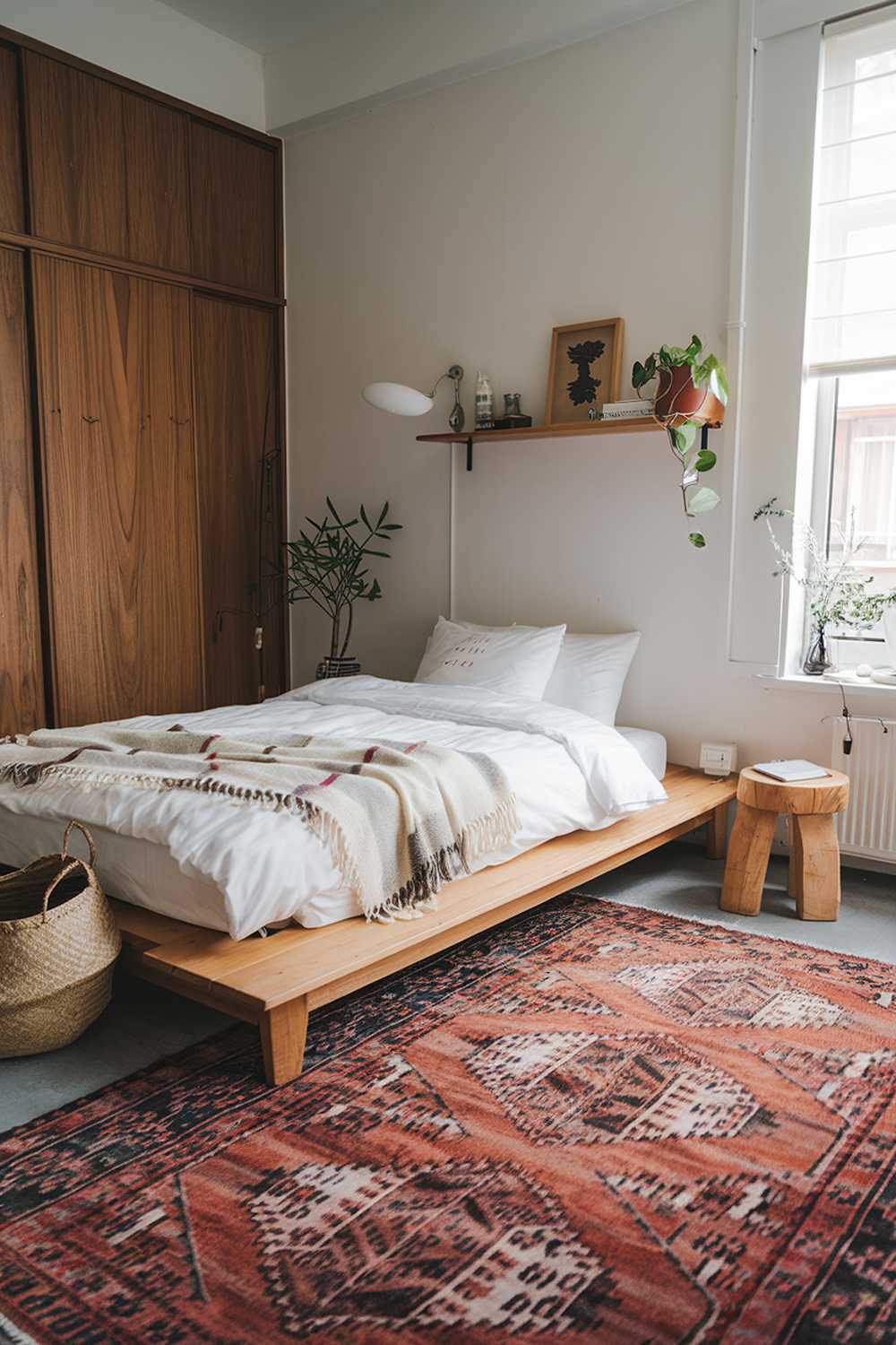 A cozy Japandi-style small apartment bedroom with a low wooden platform bed, white bedding, and a soft, patterned throw blanket. There is a woven basket at the foot of the bed and a wooden stool next to it. The room has a wooden wardrobe, a wall-mounted shelf with a few items, and a small plant near the window. The floor is covered with a large, patterned rug.