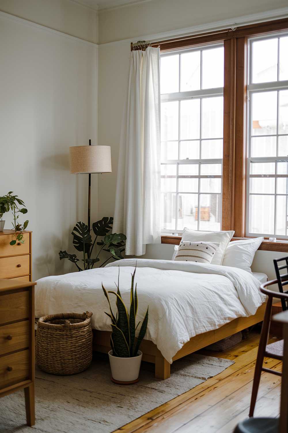 A cozy Japandi small apartment bedroom. There's a wooden platform bed with a white duvet and a few pillows. A woven basket and a potted plant sit at the foot of the bed. The walls are painted white. A floor lamp with a beige shade stands near the bed. The room has wooden floors and a few furniture pieces, including a dresser and a chair. The room has large windows with white curtains.