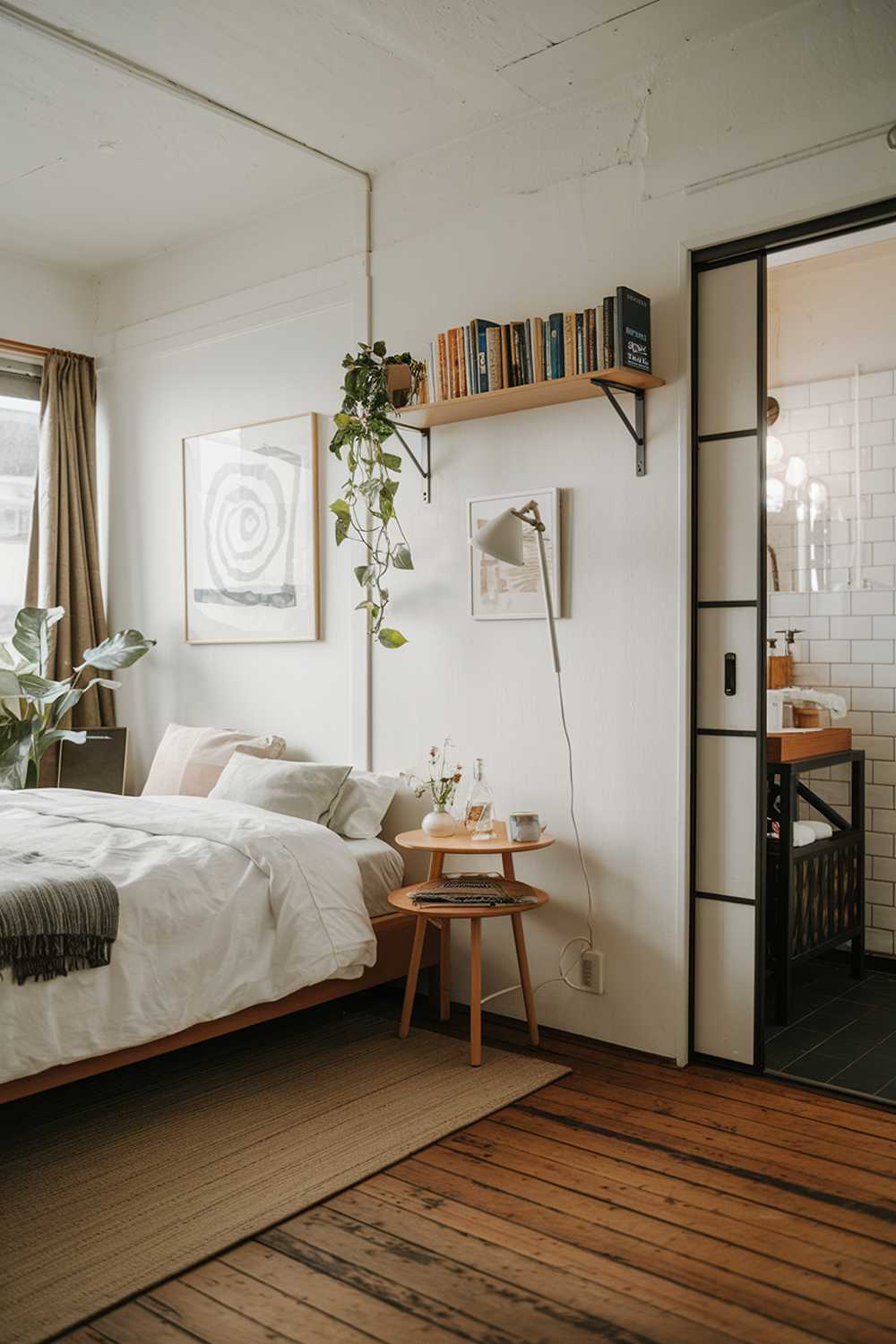 A Japandi-style small apartment bedroom. The room has a cozy atmosphere with a queen-size bed, a bedside table, a floor lamp, and a wall-mounted shelf. The shelf holds a few books and a plant. The room has wooden flooring and white walls. A beige rug is placed under the bed. There's a sliding door leading to the bathroom. The room has a few pieces of art on the walls.