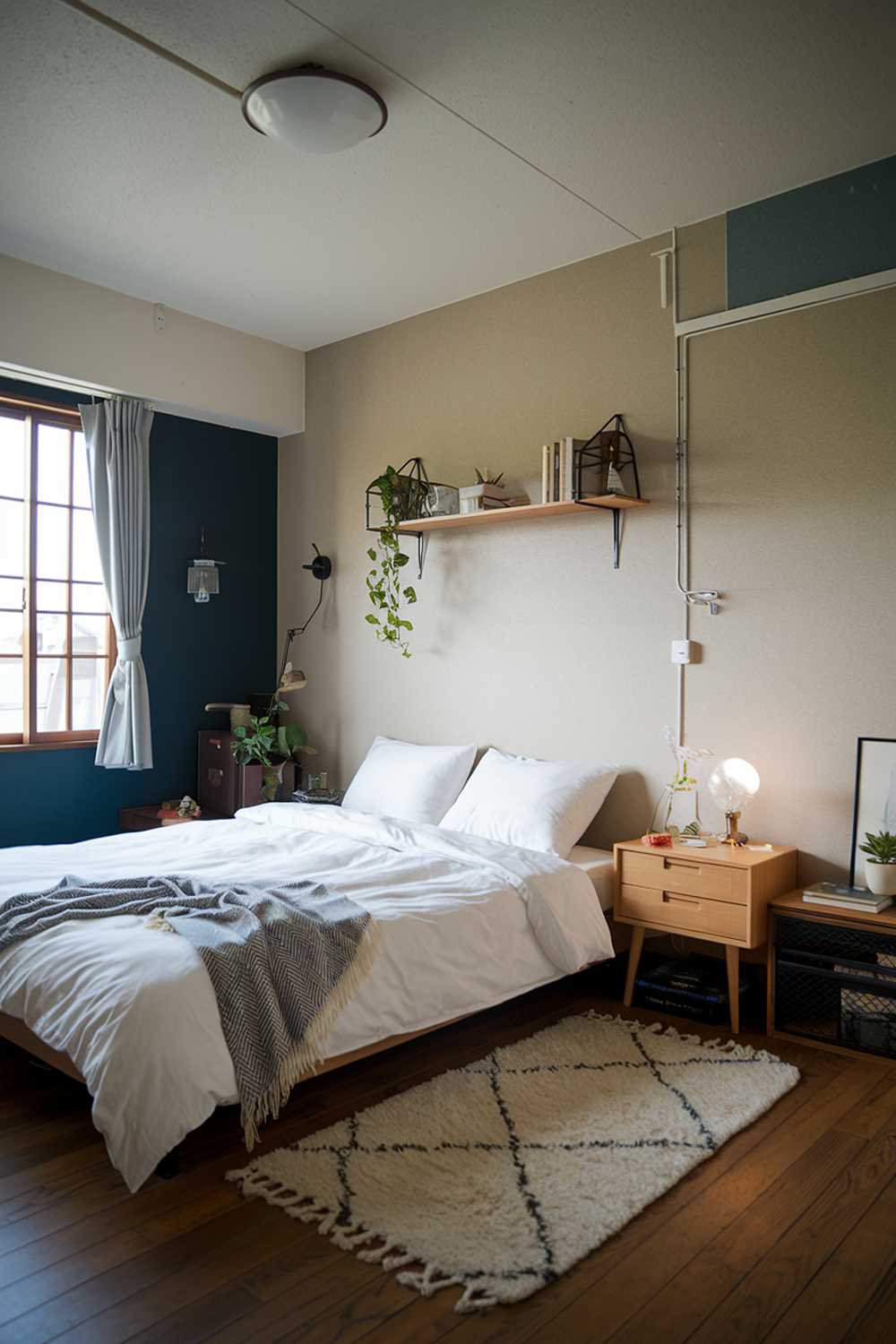 A cozy Japandi small apartment bedroom with a queen-size bed, a white rug, a wooden nightstand, a wall-mounted shelf, and a ceiling light. The room has a beige wall, a dark blue accent wall, and a wooden floor. There are a few personal items, such as a lamp, a plant, and a few books, placed around the room.