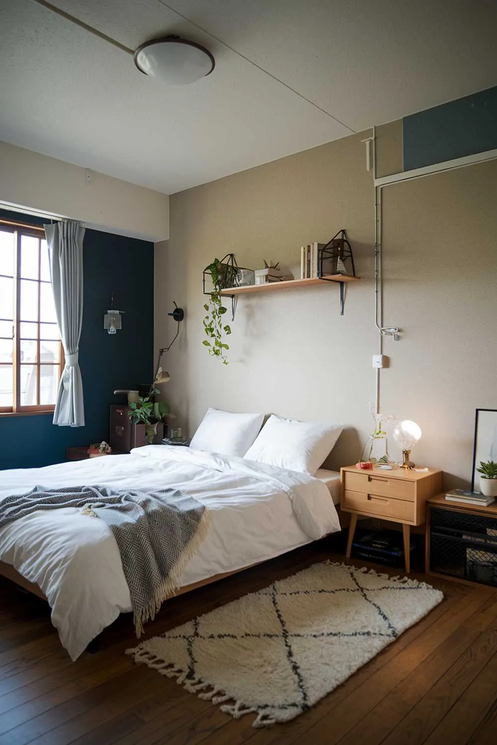 33 Japandi Small Apartment Bedroom Design Ideas 8 A cozy Japandi small apartment bedroom with a queen-size bed, a white rug, a wooden nightstand, a wall-mounted shelf, and a ceiling light. The room has a beige wall, a dark blue accent wall, and a wooden floor. There are a few personal items, such as a lamp, a plant, and a few books, placed around the room.