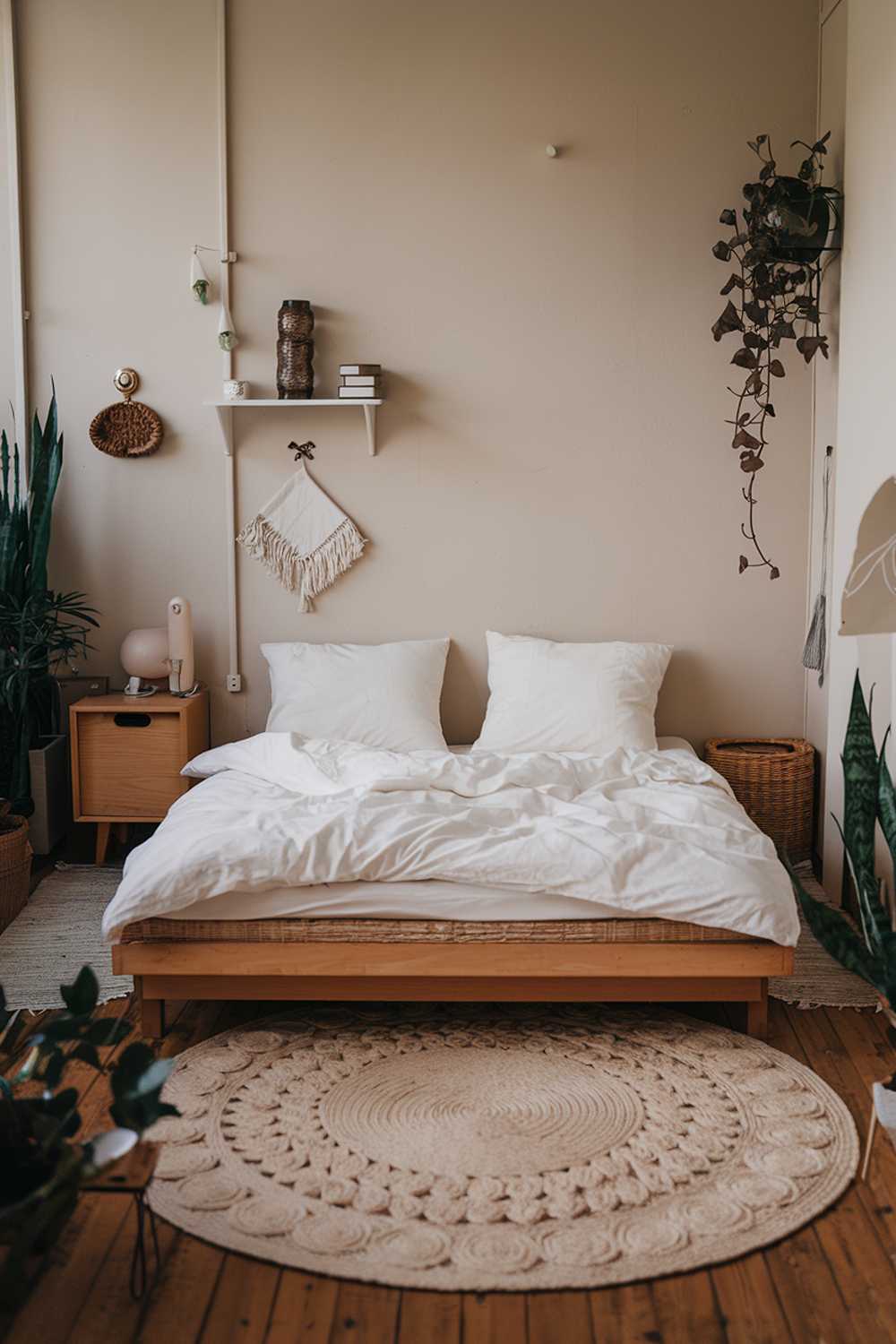 A cozy Japandi small apartment bedroom with a wooden floored room. There is a platform bed with a white duvet and two pillows. A large, round, white rug is placed beneath the bed. There is a wooden nightstand beside the bed. A wicker basket is placed on the nightstand. There are a few items on the wall, including a small white shelf, a decorative vase, and a few hanging items. The room has a few plants. The walls are painted in a soft beige hue.