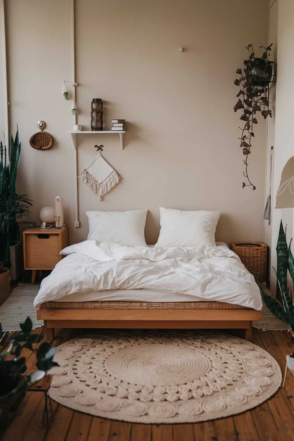 33 Japandi Small Apartment Bedroom Design Ideas 9 A cozy Japandi small apartment bedroom with a wooden floored room. There is a platform bed with a white duvet and two pillows. A large, round, white rug is placed beneath the bed. There is a wooden nightstand beside the bed. A wicker basket is placed on the nightstand. There are a few items on the wall, including a small white shelf, a decorative vase, and a few hanging items. The room has a few plants. The walls are painted in a soft beige hue.