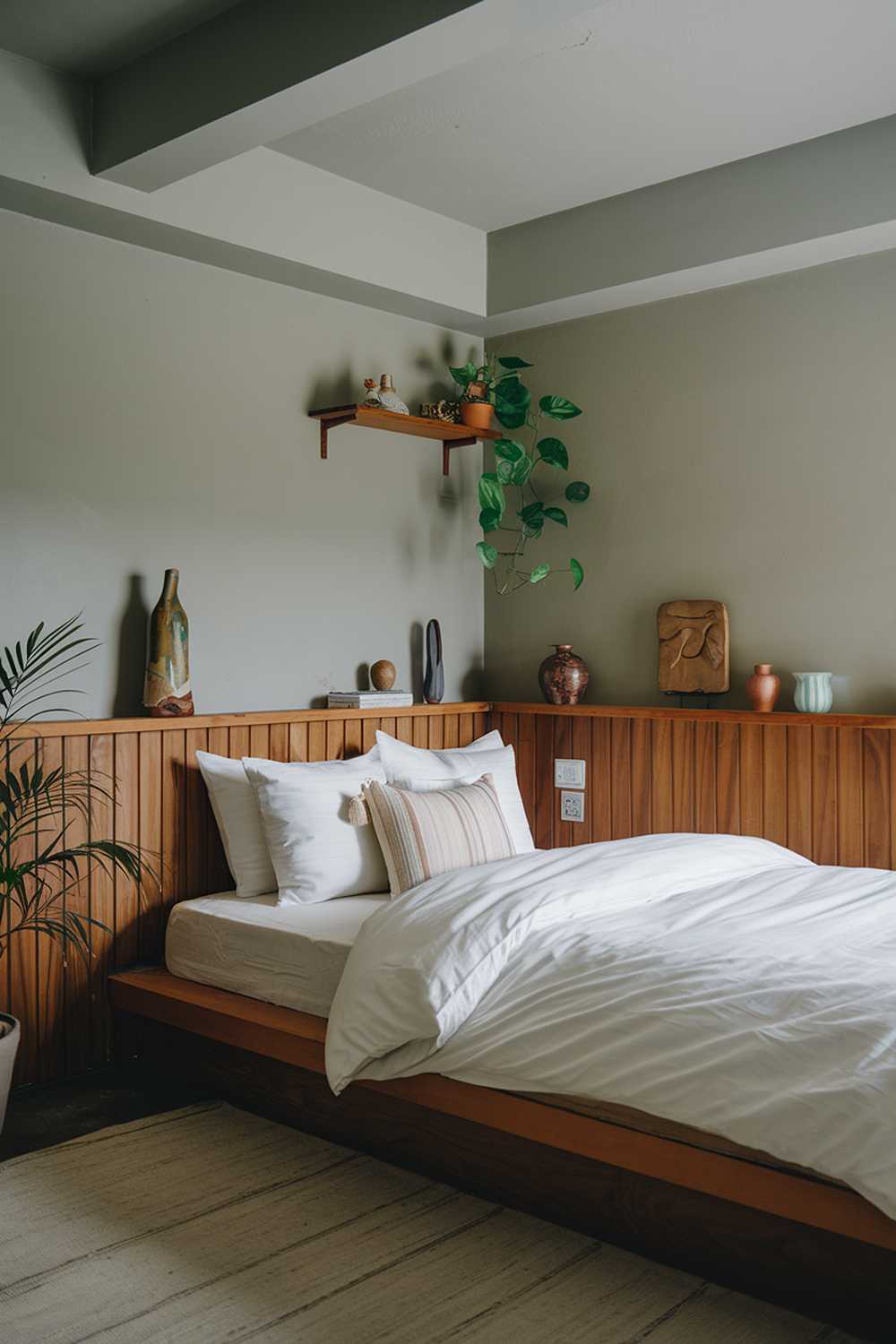 A cozy Japandi-style small apartment bedroom. The room has a low ceiling and is painted in a light gray color. There is a wooden platform bed with white bedding and a few pillows. The walls have wooden panels and a few small shelves. The room has a few decorative items, including a potted plant, a ceramic vase, and a wooden sculpture. The floor is covered with a beige rug.