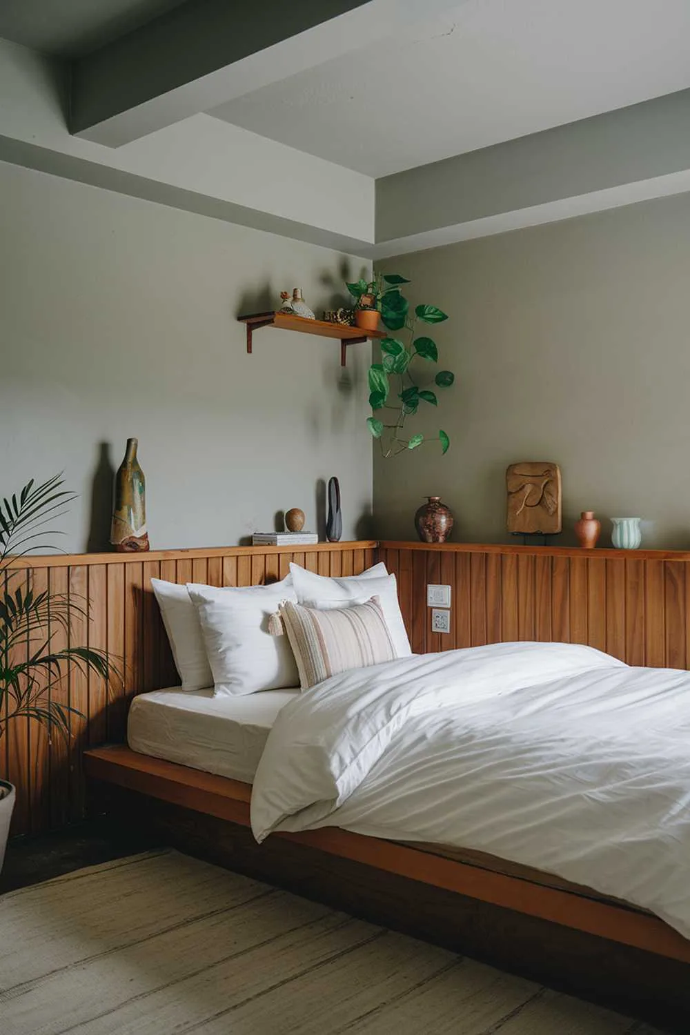 33 Japandi Small Apartment Bedroom Design Ideas 10 A cozy Japandi-style small apartment bedroom. The room has a low ceiling and is painted in a light gray color. There is a wooden platform bed with white bedding and a few pillows. The walls have wooden panels and a few small shelves. The room has a few decorative items, including a potted plant, a ceramic vase, and a wooden sculpture. The floor is covered with a beige rug.