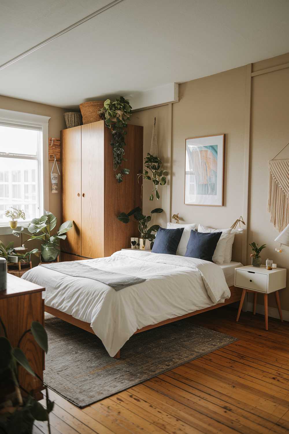 A cozy Japandi-style small apartment bedroom. The room has a wooden floor and is furnished with a queen-size bed with a white duvet and navy blue pillows. There's a white nightstand on one side of the bed. On the other side, there's a wooden cabinet. The walls are painted beige and have a few pieces of artwork. There's a small area rug beneath the bed. The room has wooden elements, such as the cabinet and the nightstand, and a few plants.