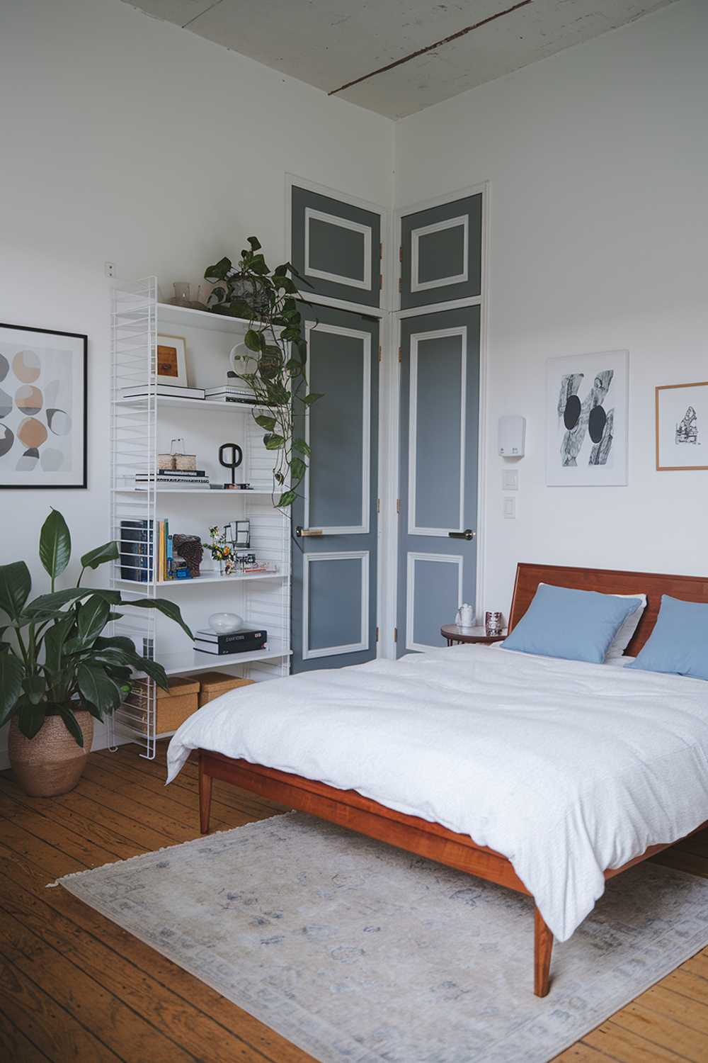 A modern Japandi-style small apartment bedroom. The room has a wooden floor and features a queen-size bed with a white duvet and two blue pillows. The bed is placed against the wall and has a wooden frame. A beige area rug is placed under the bed. There's a white bookshelf near the bed, filled with books and decorative items. A large potted plant sits on the floor near the bookshelf. The walls have a few pieces of artwork and a light switch. The room has a gray door with a white frame.