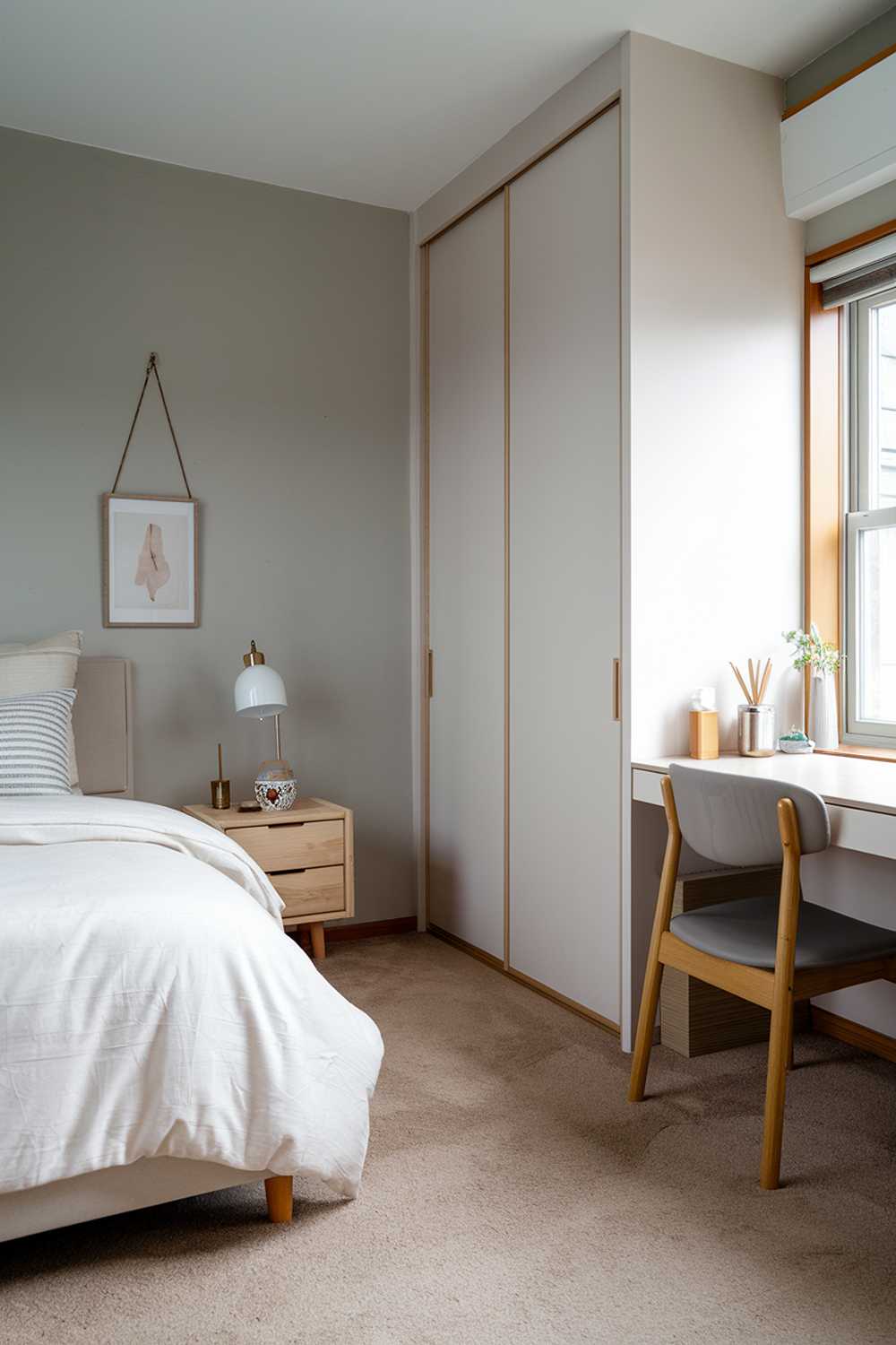 A modern Japandi-style small apartment bedroom. The room has a cozy atmosphere with a queen-size bed, a nightstand, a wardrobe, and a desk. The walls are painted in soft gray, and the floor is covered with beige carpet. The bed is dressed with a white duvet and a few pillows. Next to the bed, there's a wooden nightstand with a lamp. On the opposite wall, there's a wardrobe with sliding doors. Near the window, there's a desk with a chair. The room has a window with wooden frames.