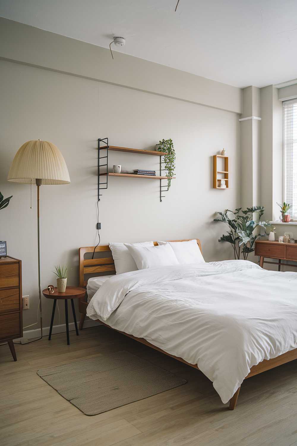 A Japandi style small apartment bedroom. The room has a king-size bed with a white duvet and brown wooden frames. There's a floor lamp with a beige lampshade near the bed. The walls are painted in a light gray color. The room has a few wooden elements, including a wall shelf, a small side table, and a dresser. There's a potted plant near the dresser. The flooring is a light wooden texture.