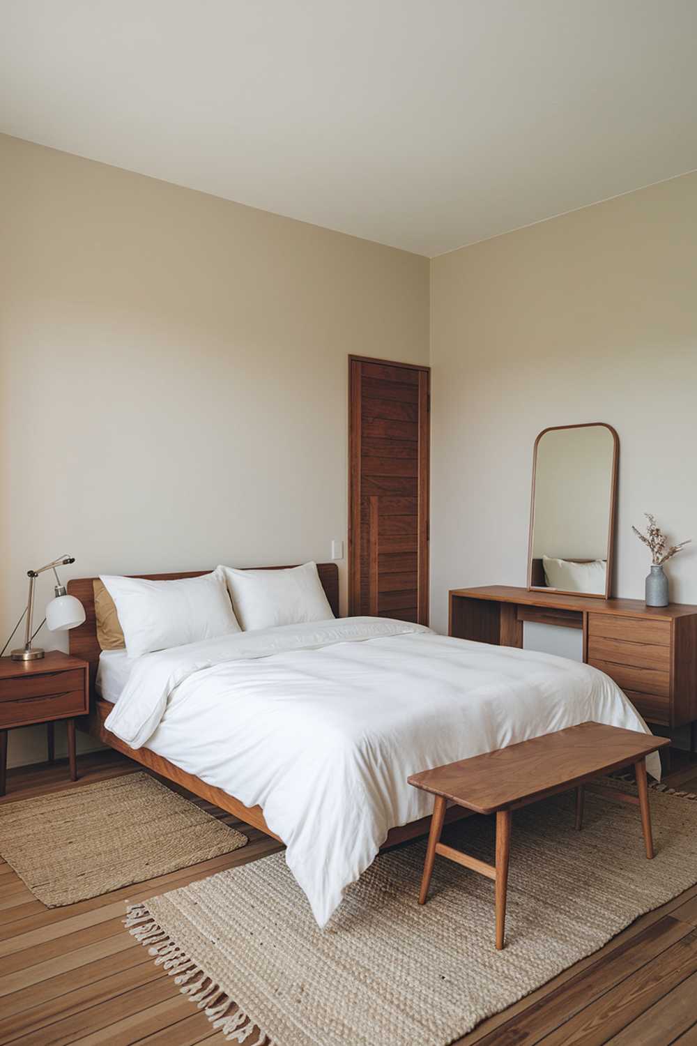 A modern Japandi small apartment bedroom design with a minimalist aesthetic. The room has a wooden floor and features a queen bed with a white duvet and two white pillows. There's a wooden nightstand on the left side of the bed with a lamp. A wooden dresser with a mirror is placed against the wall opposite the bed. There's a woven rug beneath the bed. The walls are painted in a soft beige color.