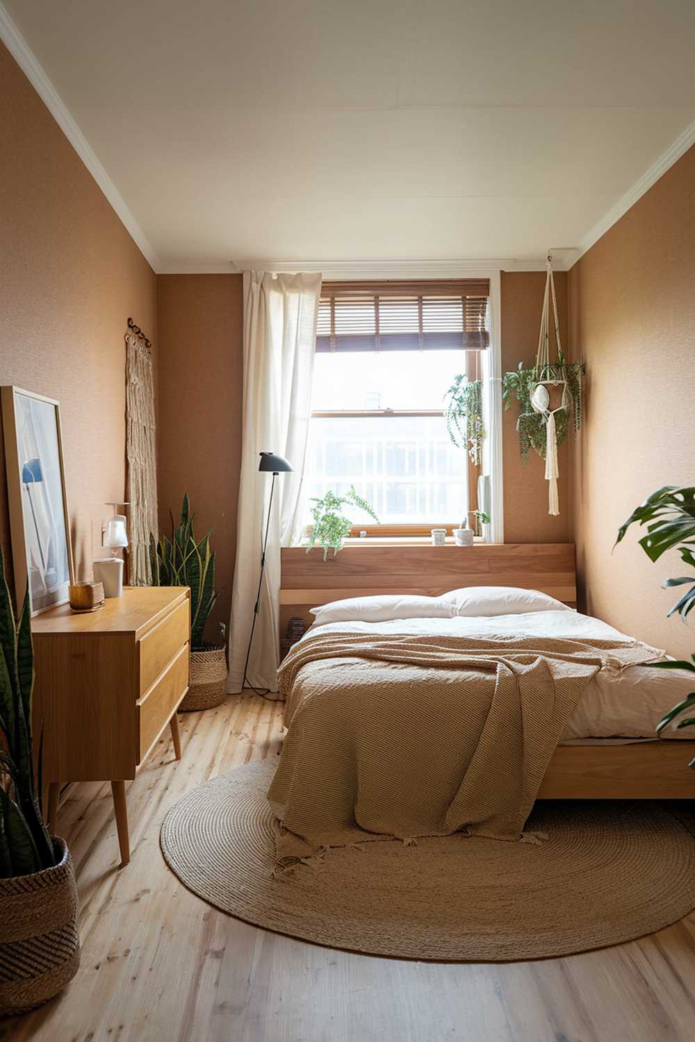 A small apartment bedroom with a Japandi design. The room has a queen-size bed with a woven blanket and a wooden headboard. There's a wooden dresser with a few items. The walls have a warm beige color. The floor has a light, natural wood. There's a large, round rug beneath the bed. The room has a few plants, including a hanging one near the window. There's a floor lamp near the bed. The window has a white curtain and a wooden shade.