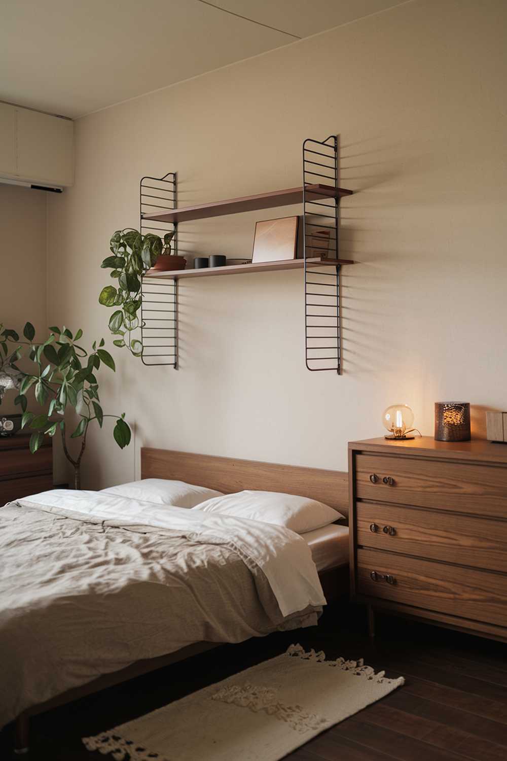 A Japandi small apartment bedroom design with a queen-size bed, a wooden dresser, and a wall-mounted shelf. The room has a light beige wall and a dark wooden floor. There's a potted plant near the bed. The room has a few personal items, such as a lamp and a decorative object. The lighting is warm.