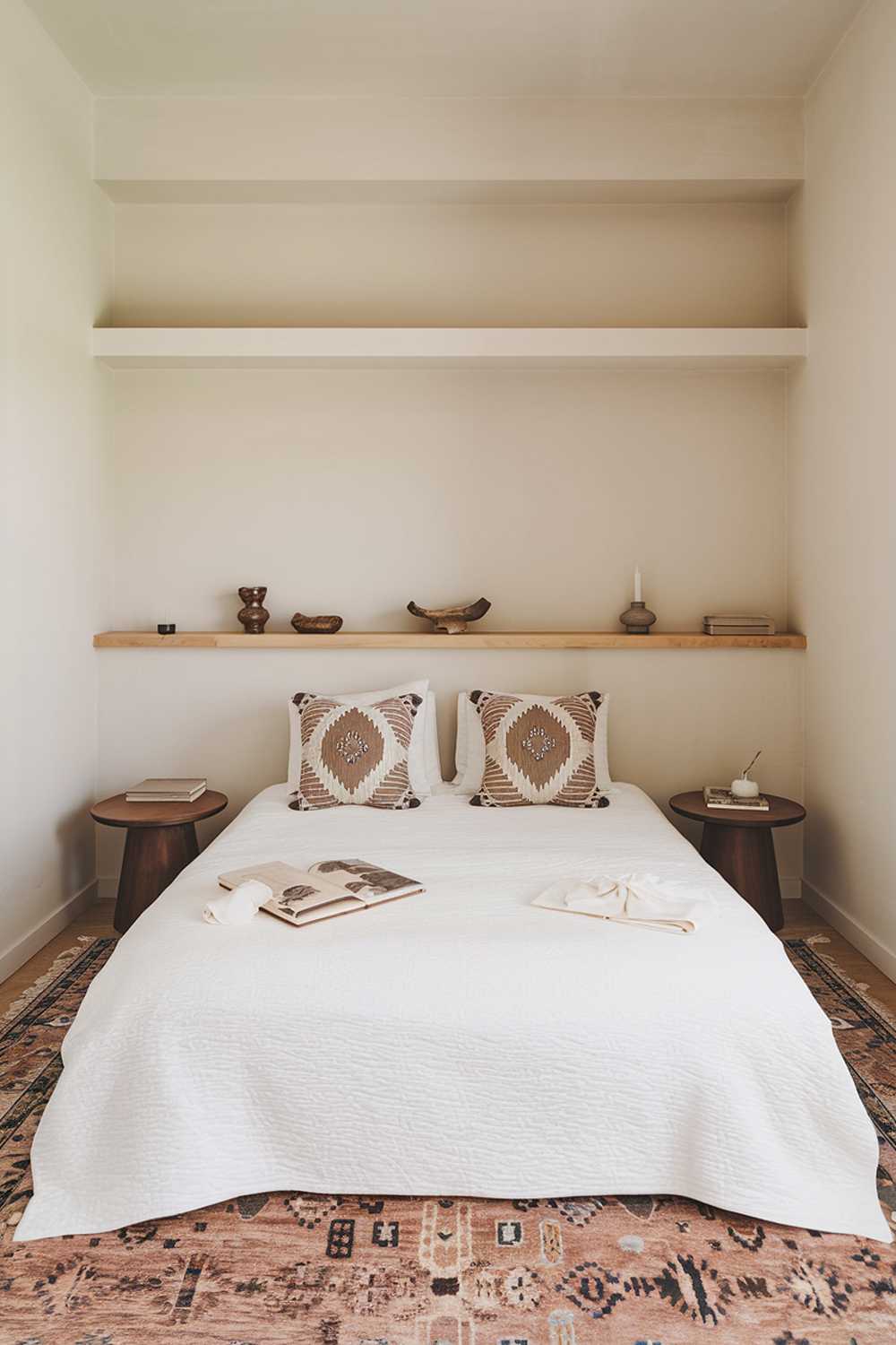 A small Japandi-style bedroom. There is a queen-size bed with a white duvet and two decorative pillows. There's a wooden bedside table on either side of the bed. Above the bed is a simple wooden headboard and a few decorative items, including a ceramic bowl and a candle. The walls are painted in a soft beige color. The floor is covered with a large area rug.