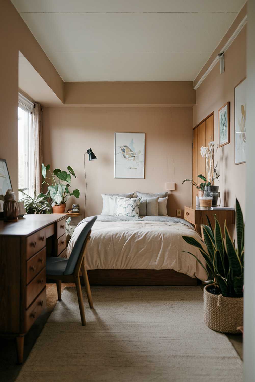 A Japandi-style small apartment bedroom. The room has a low ceiling and is furnished with a queen-sized bed, a wooden dresser, a desk, and a chair. The walls are painted in a soft beige tone. The floor is covered with a beige rug. The room has a few potted plants. The lighting is soft.