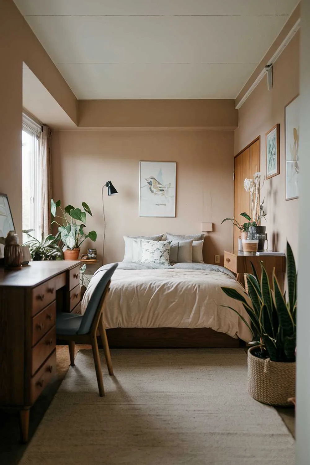 33 Japandi Small Apartment Bedroom Design Ideas 19 A Japandi-style small apartment bedroom. The room has a low ceiling and is furnished with a queen-sized bed, a wooden dresser, a desk, and a chair. The walls are painted in a soft beige tone. The floor is covered with a beige rug. The room has a few potted plants. The lighting is soft.