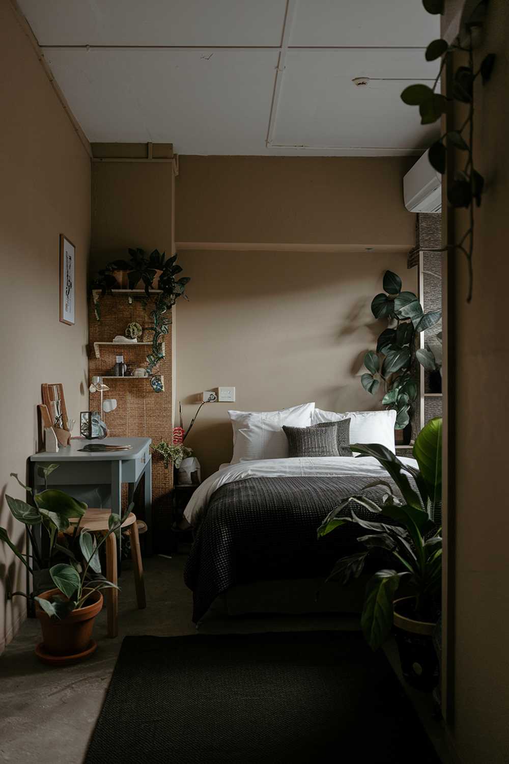 A small Japandi-style bedroom in an apartment. The room has a low ceiling and is furnished with a queen-sized bed, a small desk, and a few pieces of furniture. The walls are painted in a medium tone, and the floor is covered with a dark rug. The bed is made with white sheets and a dark duvet. The room contains a few potted plants and some decorative items. The lighting is soft.