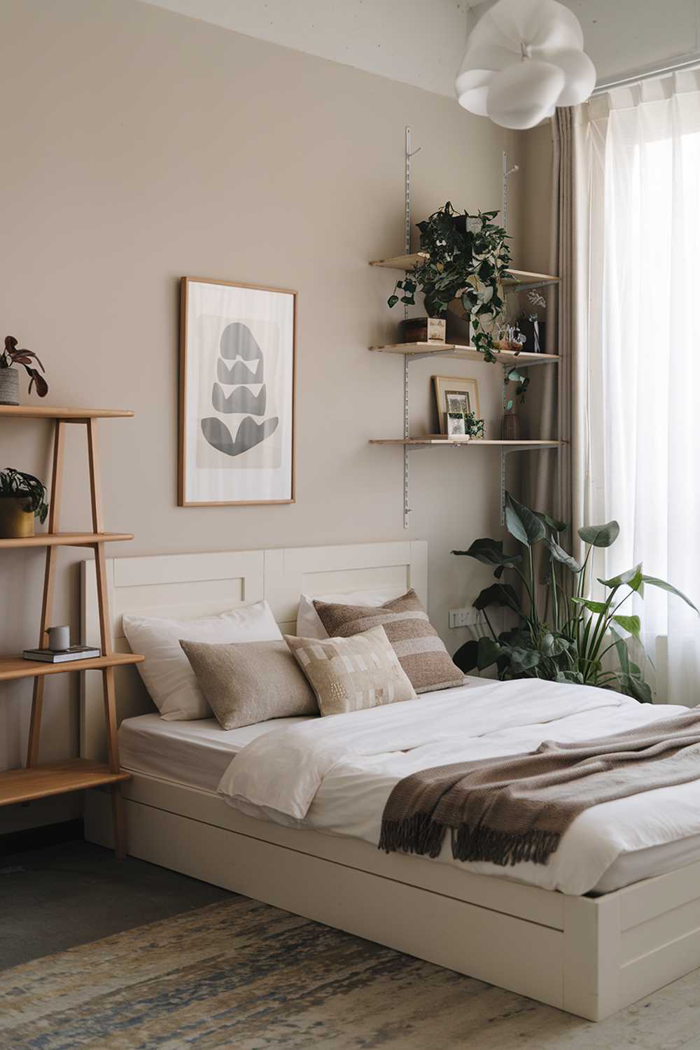 A Japandi small apartment bedroom design with a white platform bed, a wooden storage shelf, and a few pieces of furniture. The room has a minimalist aesthetic with a few plants. The walls are painted in a soft hue.