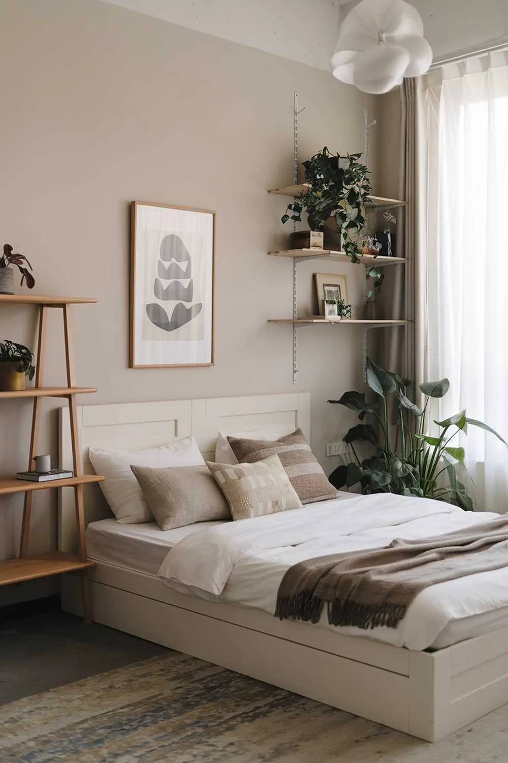 33 Japandi Small Apartment Bedroom Design Ideas 21 A Japandi small apartment bedroom design with a white platform bed, a wooden storage shelf, and a few pieces of furniture. The room has a minimalist aesthetic with a few plants. The walls are painted in a soft hue.