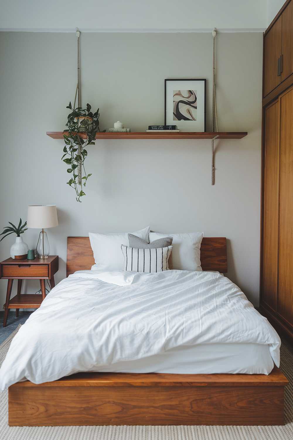 A Japandi style small apartment bedroom design with a few pieces of furniture. There's a wooden platform bed with a white duvet. Above the bed, there's a wooden shelf with a few decorative items. On the left, there's a wooden nightstand with a lamp and a plant. On the right, there's a wooden cabinet. The walls are painted in a light grey color. The floor is covered with a beige rug.