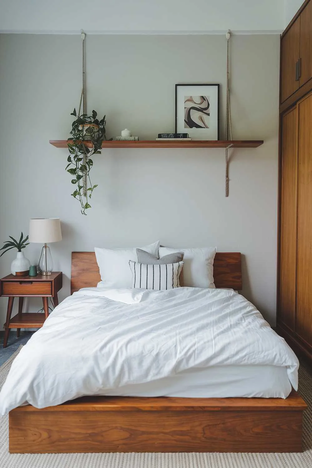 33 Japandi Small Apartment Bedroom Design Ideas 22 A Japandi style small apartment bedroom design with a few pieces of furniture. There's a wooden platform bed with a white duvet. Above the bed, there's a wooden shelf with a few decorative items. On the left, there's a wooden nightstand with a lamp and a plant. On the right, there's a wooden cabinet. The walls are painted in a light grey color. The floor is covered with a beige rug.