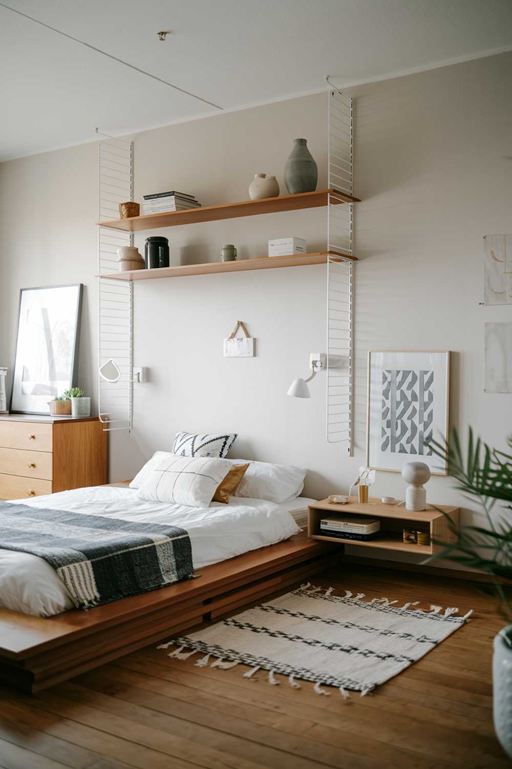 A Japandi-style small apartment bedroom design. The room has a wooden floor and is furnished with a platform bed, a wooden dresser, and a few decorative items. There is a large wall-mounted shelf above the bed. The room has a light grey wall color. The room is bright and airy.