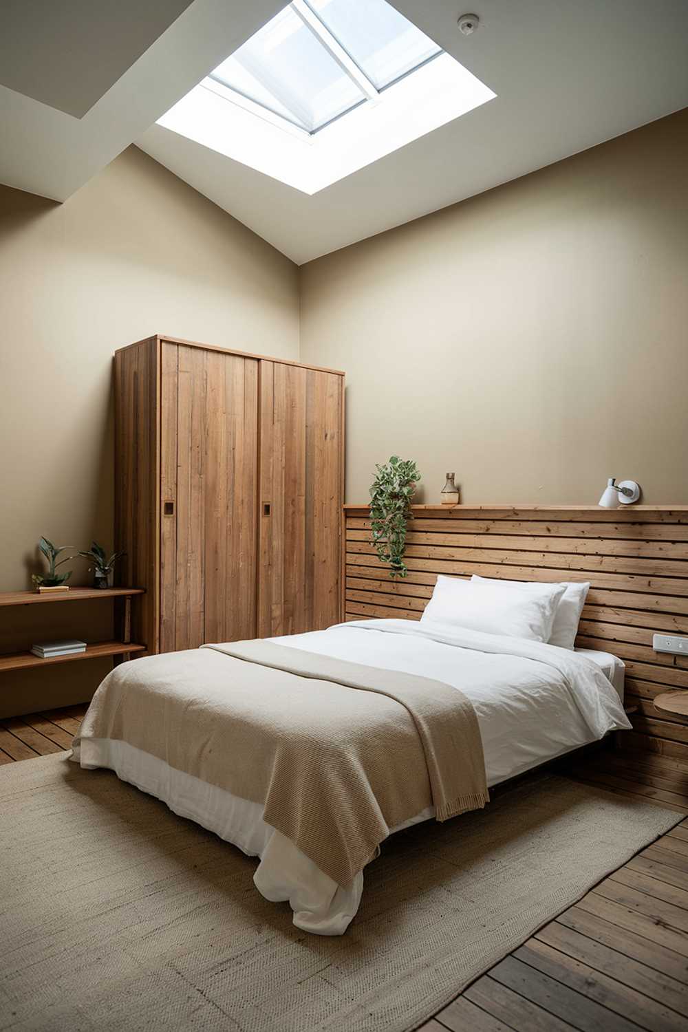 A Japandi-style small apartment bedroom. The room has a high ceiling with a skylight. There's a queen-size bed with a white linen and a beige blanket. The headboard is made of wooden planks. There's a beige rug beneath the bed. A wooden wardrobe and a shelf are placed near the bed. A small plant is placed on the shelf. The walls are painted beige. The floor is made of wooden planks