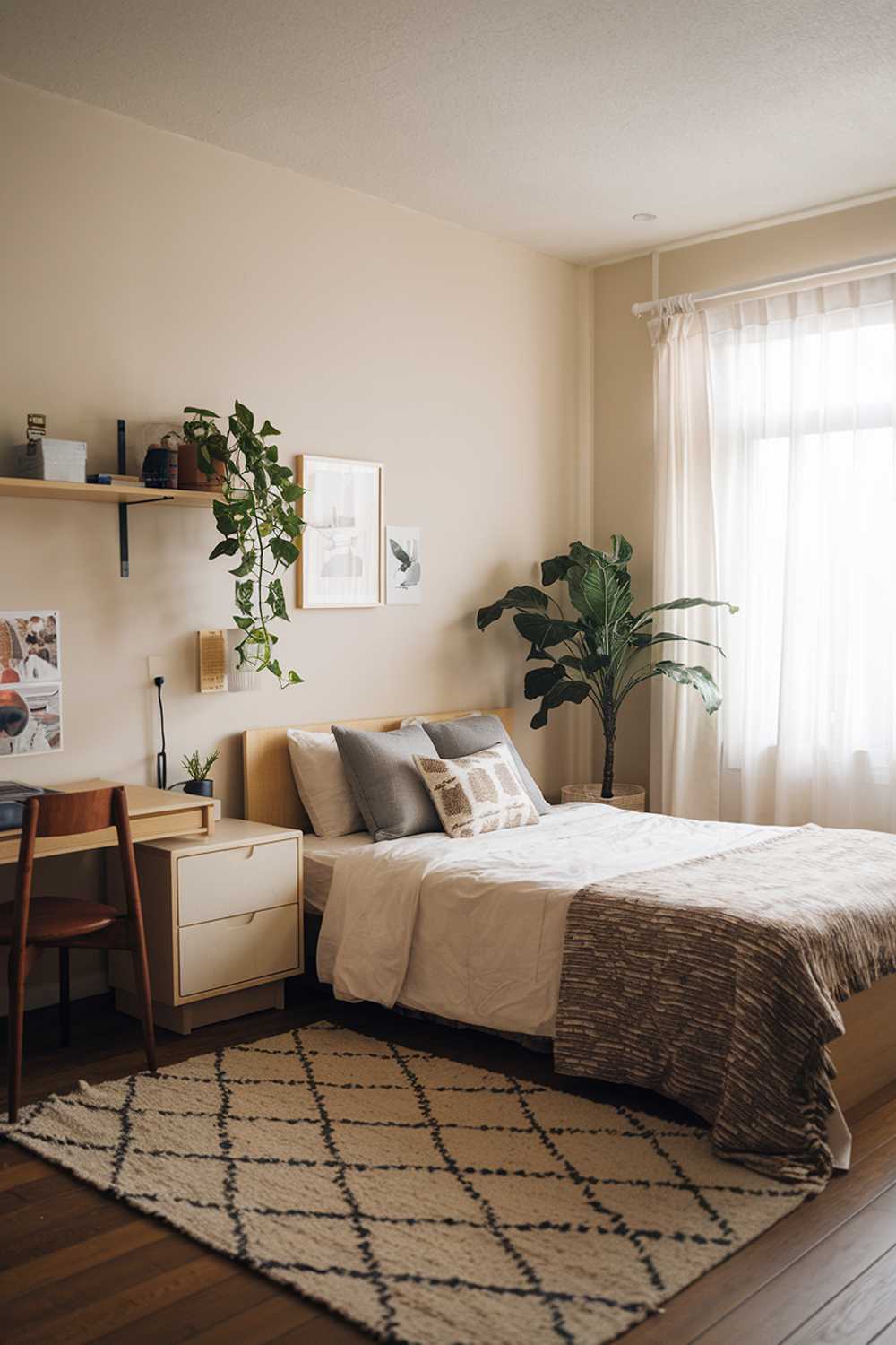 A Japandi apartment bedroom design features a cozy space with a queen-size bed, a nightstand, a desk, a shelf, and a rug. The bed is placed against the wall under a window. There's a desk in the corner near the window. A potted plant sits on the shelf. The nightstand is placed beside the bed. A rug covers the wooden floor. The walls are painted in a soft hue.