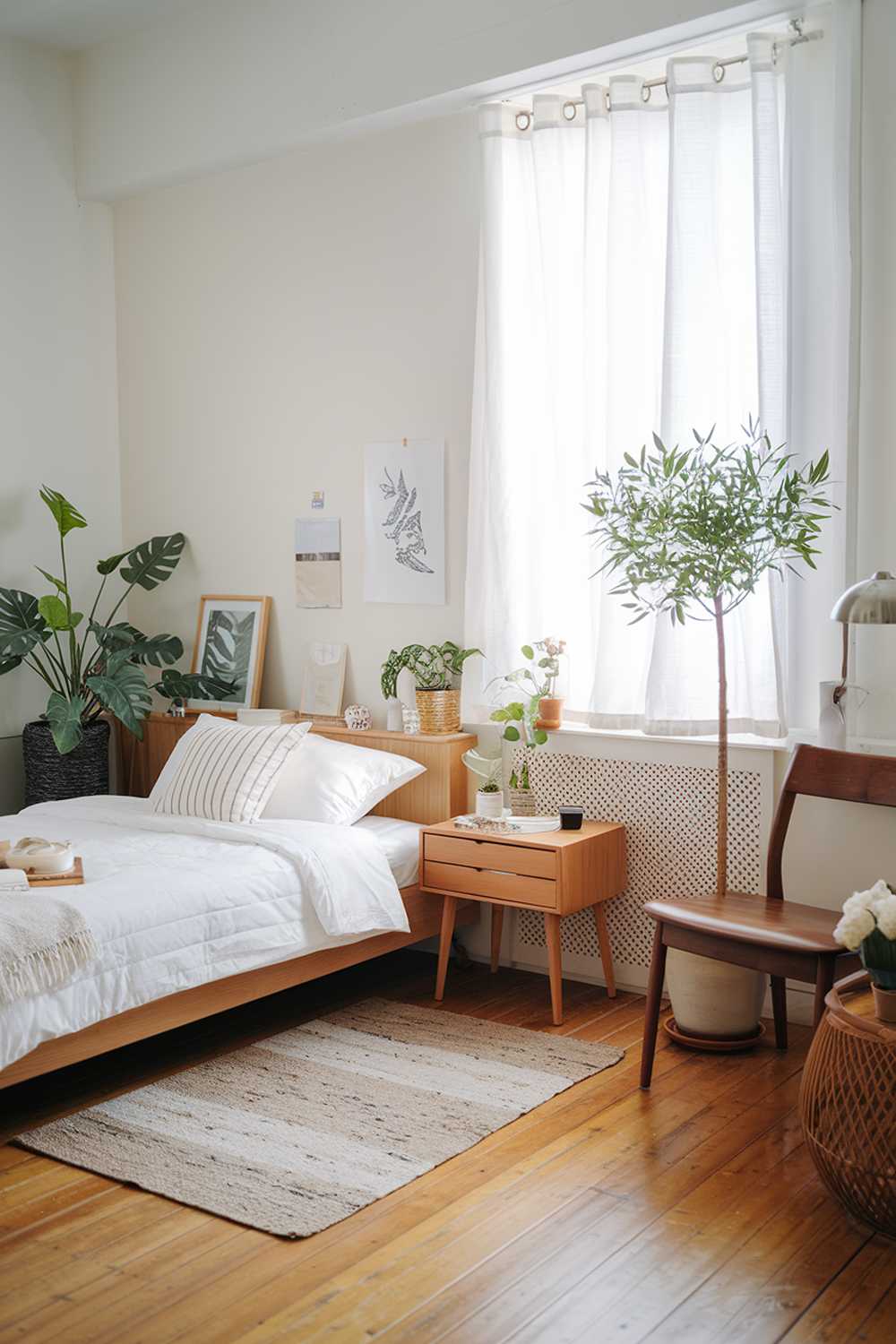 A Japandi apartment bedroom design with a wooden floor and a white wall. The room contains a bed with a white duvet and a few pillows. There's a wooden nightstand beside the bed. A wooden chair is placed near the window. The room has a few plants, including a small tree in a pot. There's a white curtain on the window. The room has a few personal items, such as a lamp, a picture frame, and a woven basket.