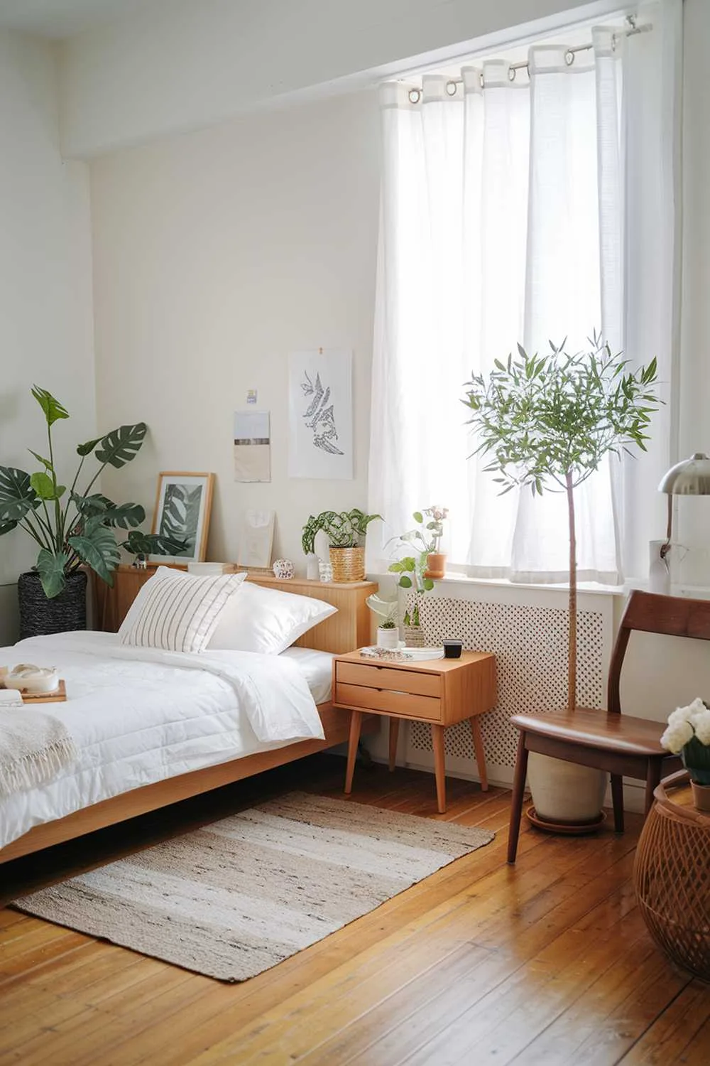 33 Japandi Small Apartment Bedroom Design Ideas 26 A Japandi apartment bedroom design with a wooden floor and a white wall. The room contains a bed with a white duvet and a few pillows. There's a wooden nightstand beside the bed. A wooden chair is placed near the window. The room has a few plants, including a small tree in a pot. There's a white curtain on the window. The room has a few personal items, such as a lamp, a picture frame, and a woven basket.