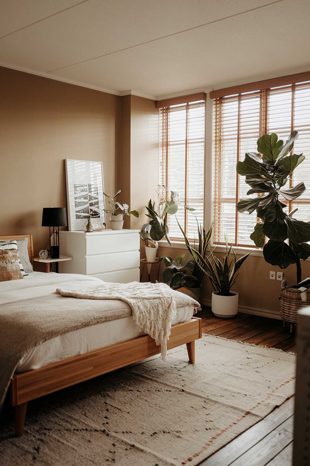 A Japandi apartment bedroom design. The room has a wooden floor and is furnished with an oak wooden bed frame, a white dresser, and a beige rug. There's a black lampshade on the bedside table. The walls are painted in a beige hue. The room has a few plants, including a large fiddle-leaf fig tree. The room has a large window with wooden blinds