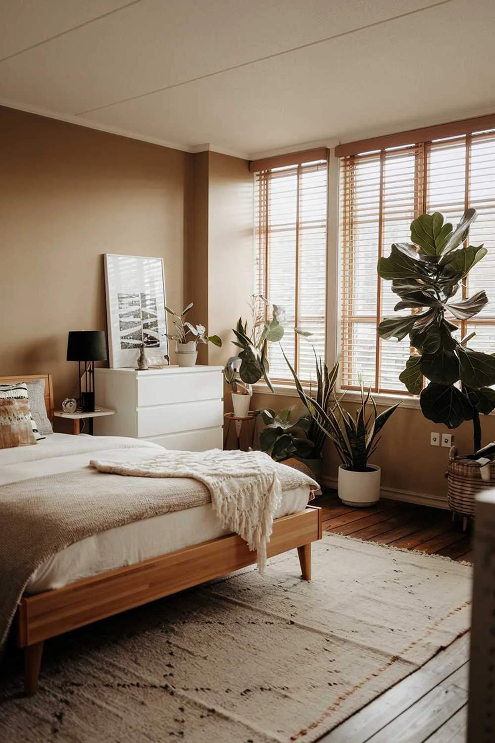 33 Japandi Small Apartment Bedroom Design Ideas 27 A Japandi apartment bedroom design. The room has a wooden floor and is furnished with an oak wooden bed frame, a white dresser, and a beige rug. There's a black lampshade on the bedside table. The walls are painted in a beige hue. The room has a few plants, including a large fiddle-leaf fig tree. The room has a large window with wooden blinds