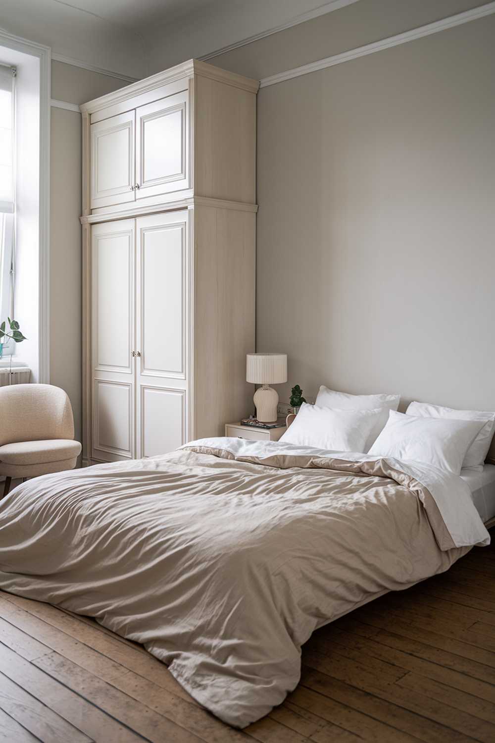 A classic Japandi apartment bedroom design with a minimalist aesthetic. The room has a queen bed with a beige duvet and white sheets. The walls are painted in a light gray color. There are two white wardrobes and a beige chair in the room. The floors are made of oak wood. The room has a small plant near the window and a white lampshade on the bedside table.