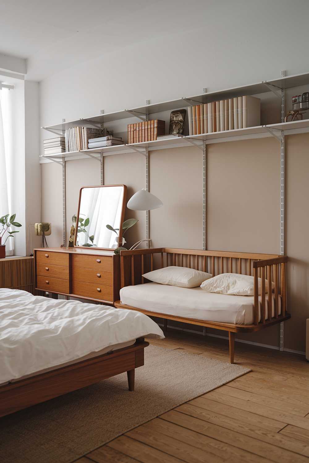 A classic Japandi apartment bedroom design with a wooden floor, a white wall, and a beige wall. There is a wooden bed with a white duvet and two beige pillows. There is a wooden dresser with a white lamp on top. The dresser has a mirror and four drawers. There is a beige rug under the bed. The room has a white bookshelf with several books and a few decorative items. There is a small plant near the window.